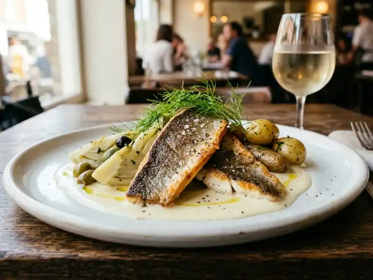 Zwei kross gebratene Fischfilets mit Fenchel, Oliven, Kartoffeln und Weißweinsauce auf einem weißen Teller, daneben ein Glas Weißwein.